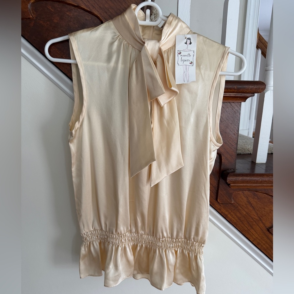Nanette Lepore Cream Sleeveless Tie-Neck Ruffle Hem Blouse NWT!